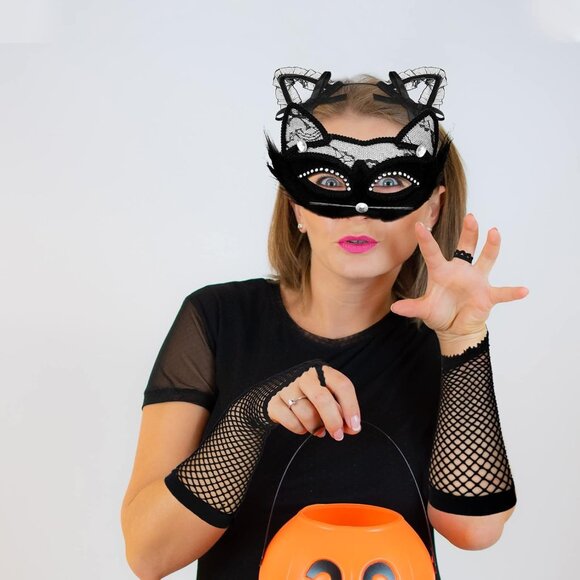Black Cat Costume Set for Women Includes Masquerade Mask Cat Socks Lace Ears Cho - Picture 5 of 7